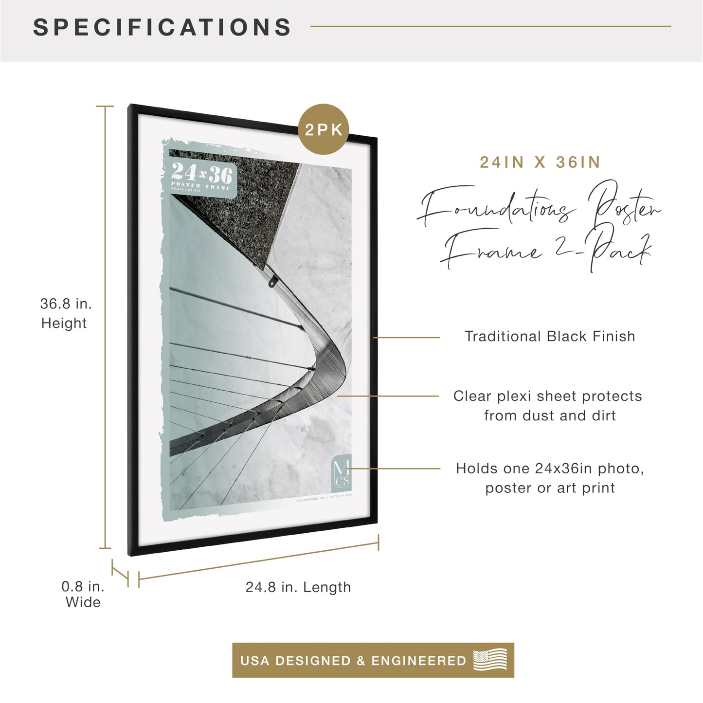 Foundation Poster Frame Traditional Brass, Vertical & Horizontal Wall Hanging Large Picture Frame for Photos, Posters & Art Prints