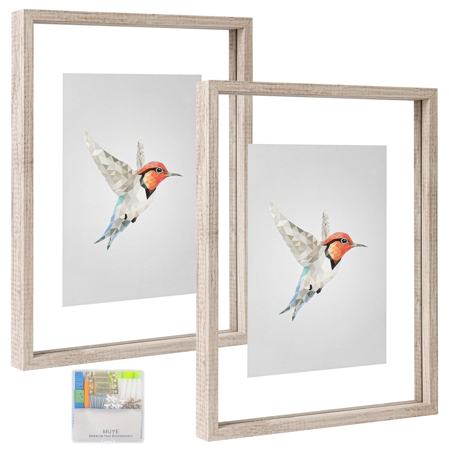 Floating Frame Set of 2, Double Glass Rustic Photo Frame for Wall Hanging or Tabletop, Display 4x6 or 3x5 Photo for Floating Effect