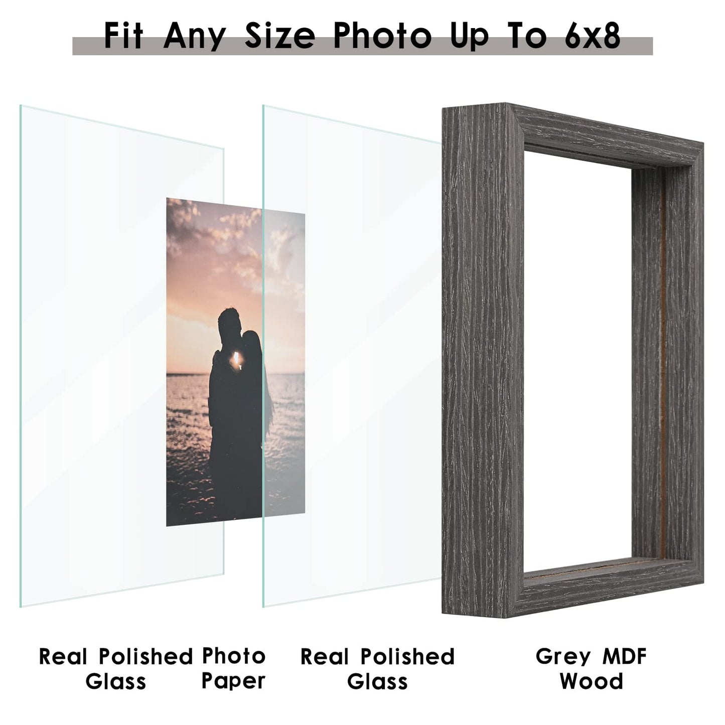 Floating Frame Set of 2, Double Glass Rustic Photo Frame for Wall Hanging or Tabletop, Display 4x6 or 3x5 Photo for Floating Effect