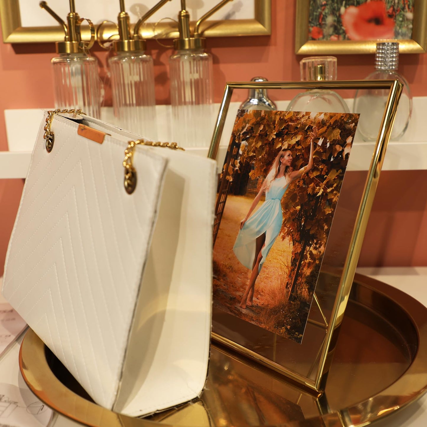 Gold Floating Frame Tabletop Shelf Photo Frames