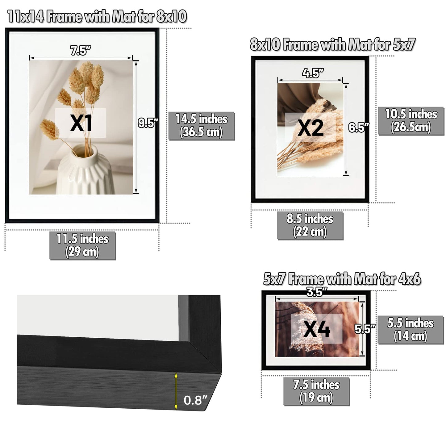 7 Pack Floating Frames for One 11x14, Two 8x10, and Four 5x7 Pictures. Aluminum Photos Frame for Wall Display