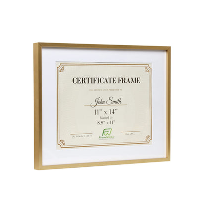 11”x14” Matted to 8.5”x11” – Deluxe Brass Gold Aluminum Contemporary Diploma Frame with Tempered Glass and Removable Mat