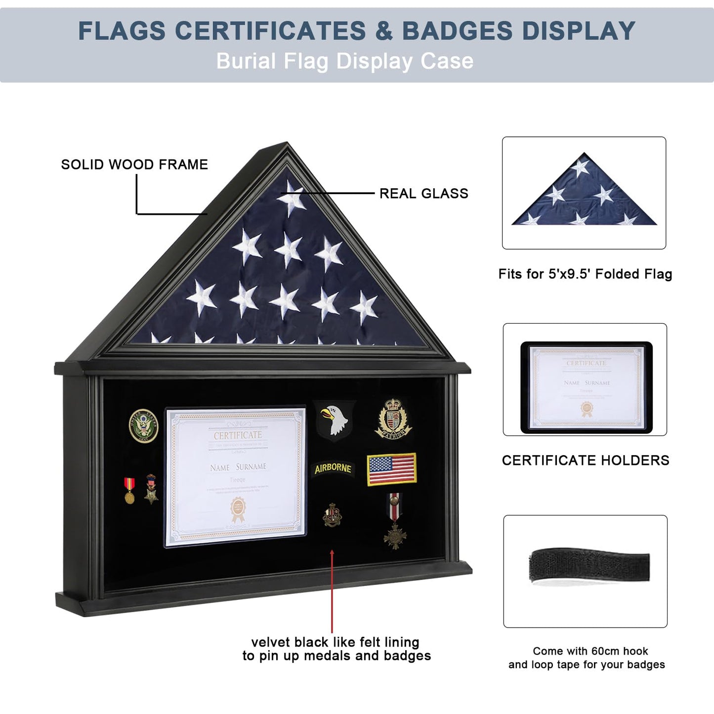 Large Military Shadow Box Solid Wood Burial Flag Display Case for American Veteran Display Fits a Folded 5'x9.5' Flag Mahogany Finish