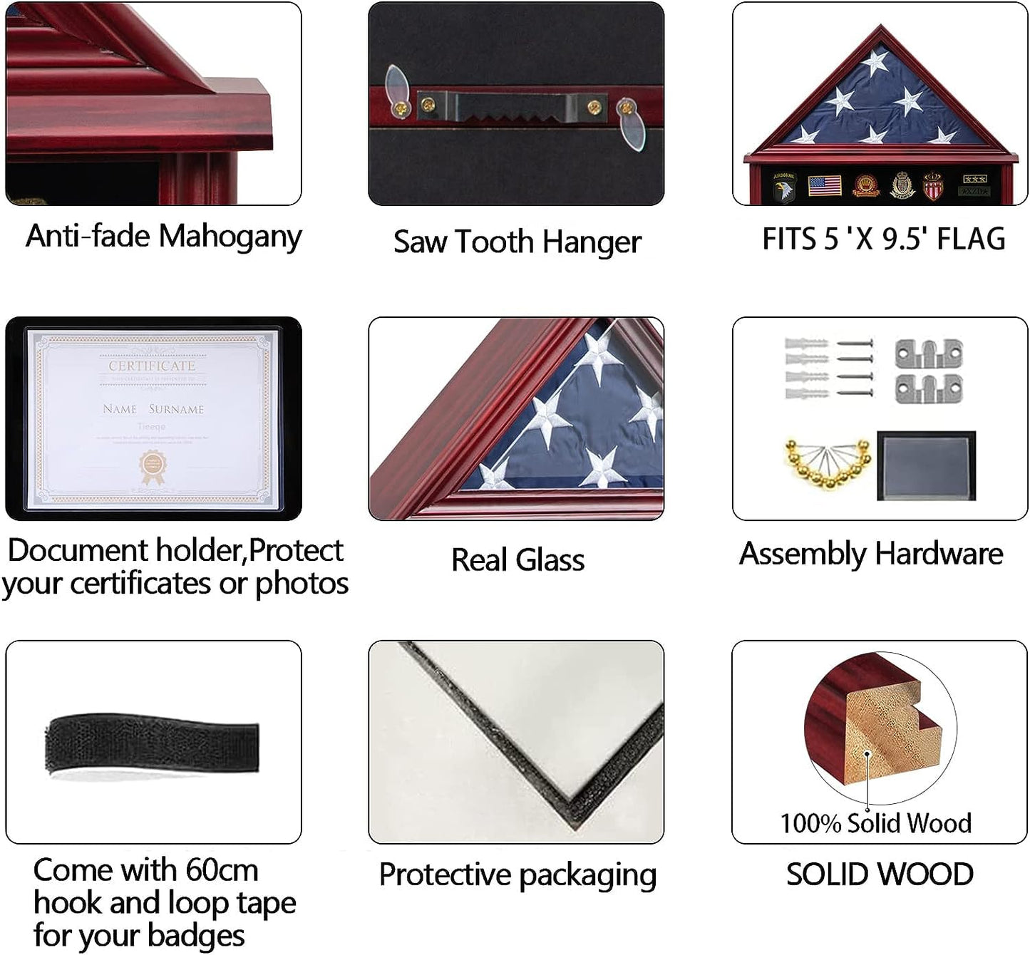 Large Military Shadow Box Solid Wood Burial Flag Display Case for American Veteran Display Fits a Folded 5'x9.5' Flag Mahogany Finish