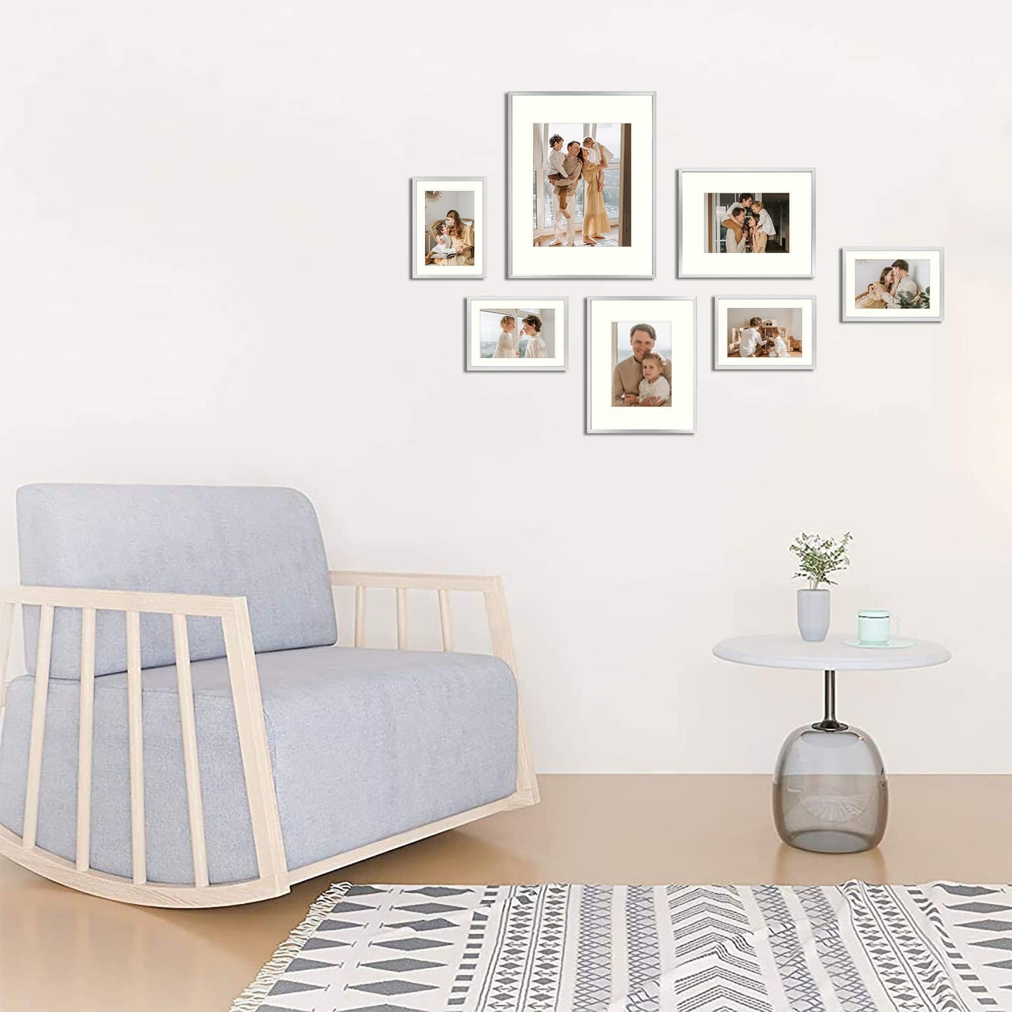 7 Pack Floating Frames for One 11x14, Two 8x10, and Four 5x7 Pictures. Aluminum Photos Frame for Wall Display