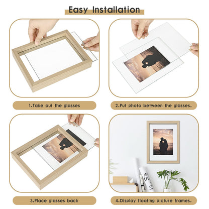 Floating Frame Set of 2, Double Glass Rustic Photo Frame for Wall Hanging or Tabletop, Display 4x6 or 3x5 Photo for Floating Effect