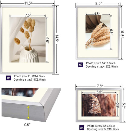 7 Pack Floating Frames for One 11x14, Two 8x10, and Four 5x7 Pictures. Aluminum Photos Frame for Wall Display