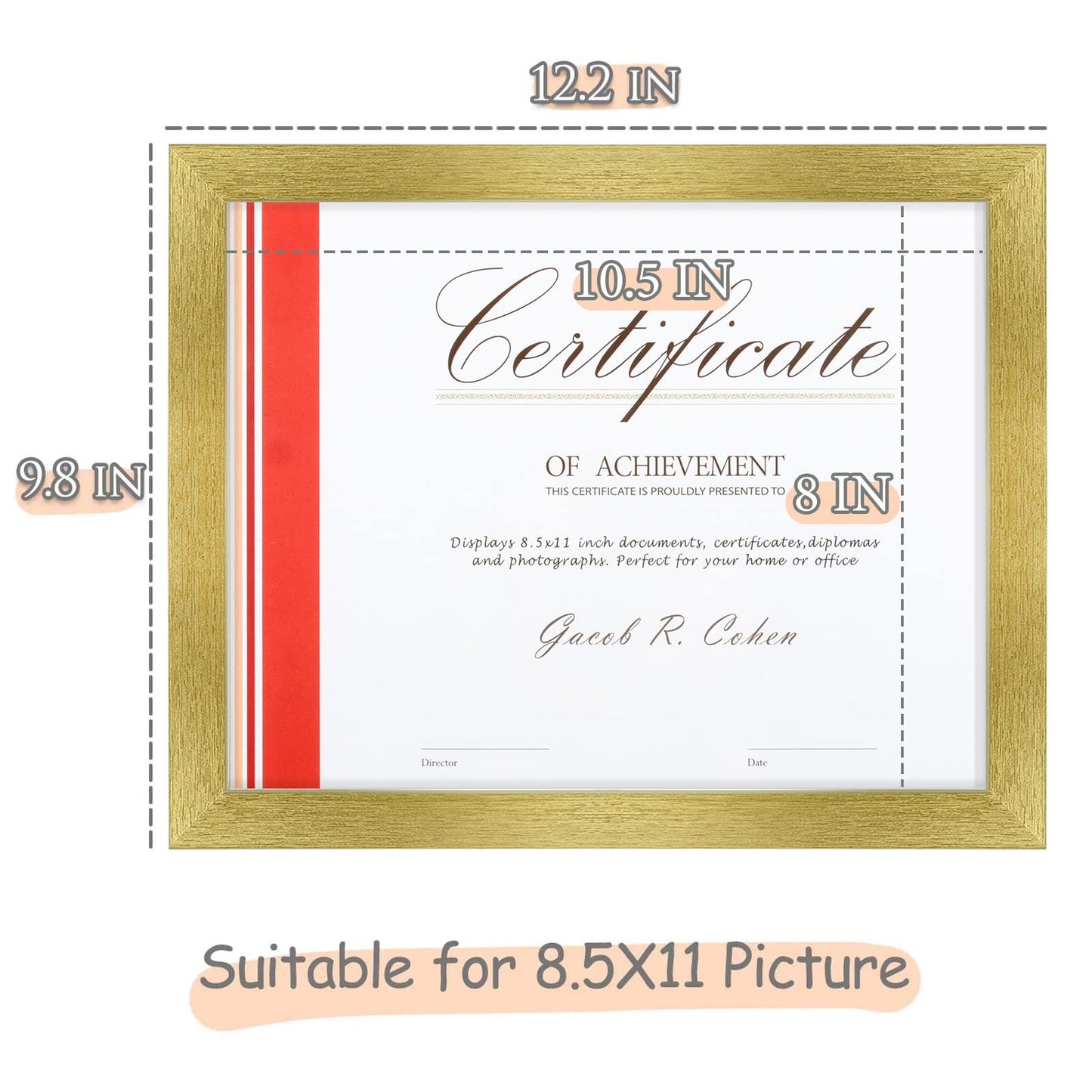 8.5 x 11 Picture Frame with Back Hangers for Wall Display, Easel Stand for Tabletop, for Certificates, Wide Molding