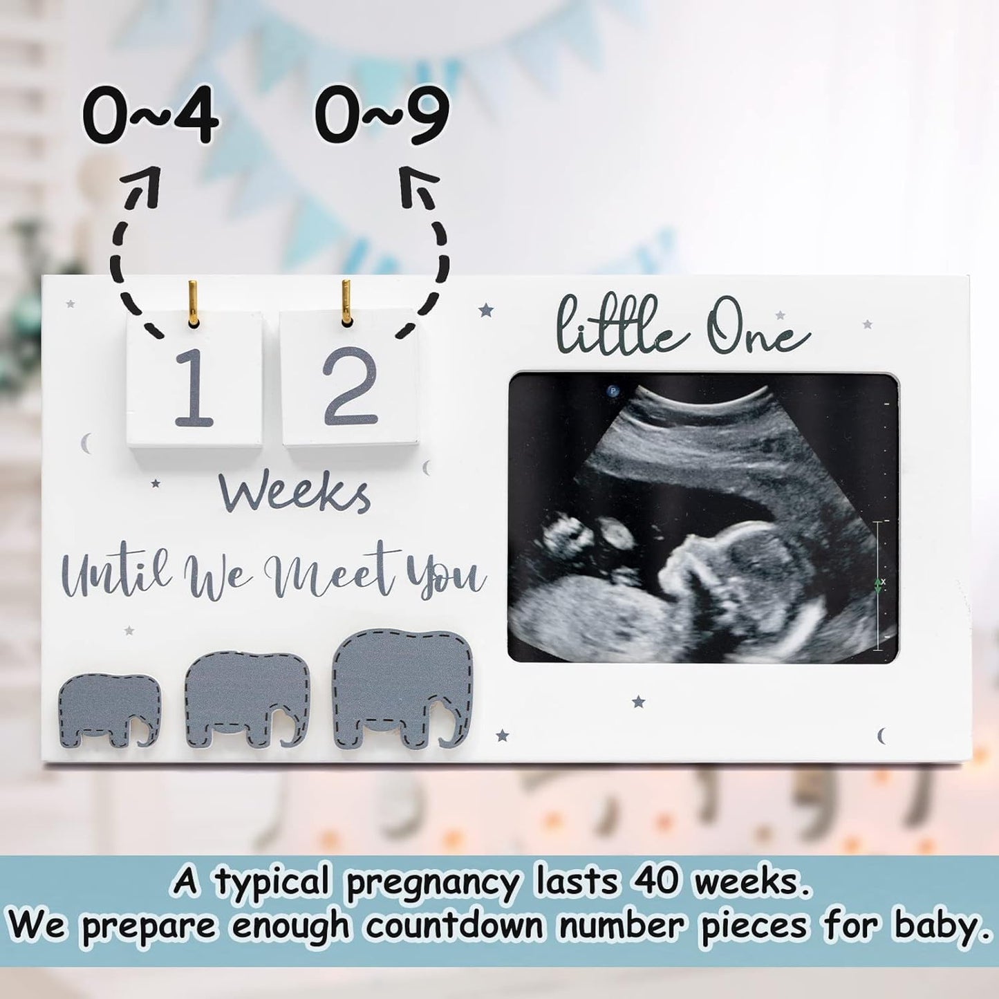 Sonogram Picture Frame, Ultrasound Photo Frame with Baby Countdown Weeks, Elephant Nursery Decor for Birth Information