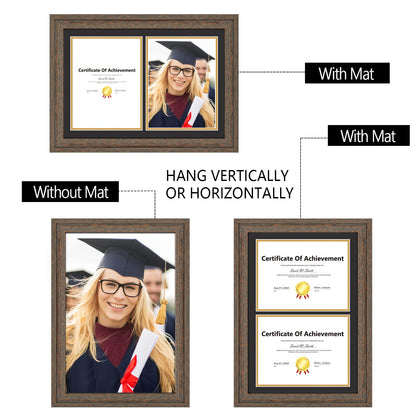 14x20 Double Diploma Frame, Black Frame to Display Double 8.5x11 Document, Solid Wood & Tempered Glass Protection