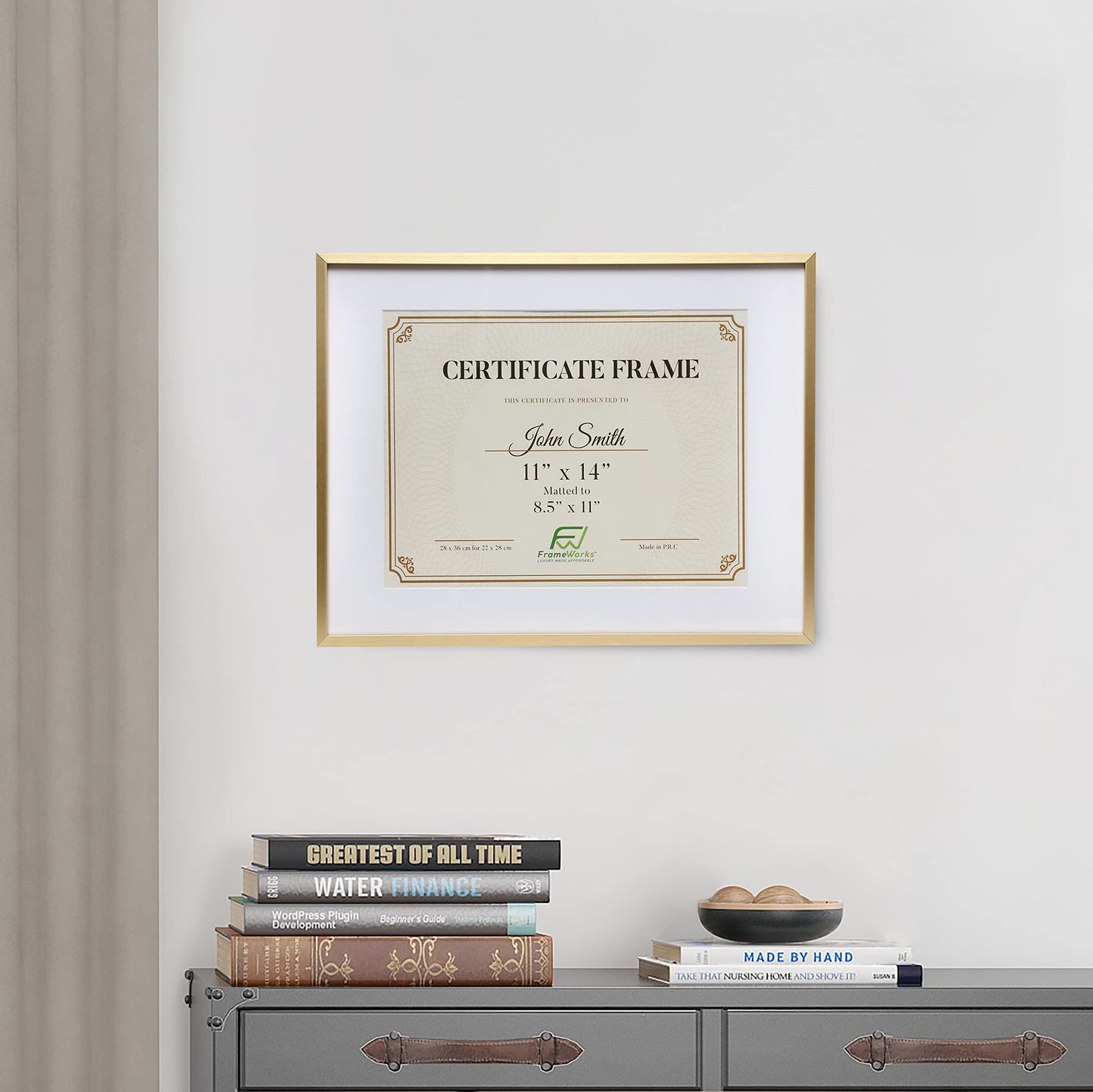 11”x14” Matted to 8.5”x11” – Deluxe Brass Gold Aluminum Contemporary Diploma Frame with Tempered Glass and Removable Mat