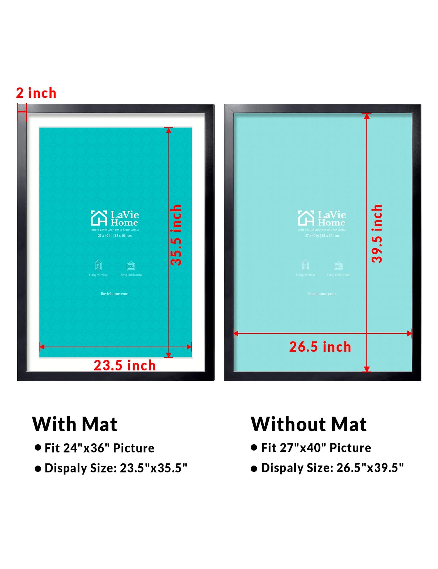 All Sizes Picture Frame, With or Without Mat, Stable and Sturdy Frame and Polished Plexiglass, Horizontal and Vertical Hanging