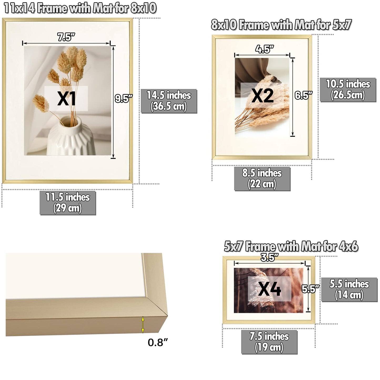 7 Pack Floating Frames for One 11x14, Two 8x10, and Four 5x7 Pictures. Aluminum Photos Frame for Wall Display