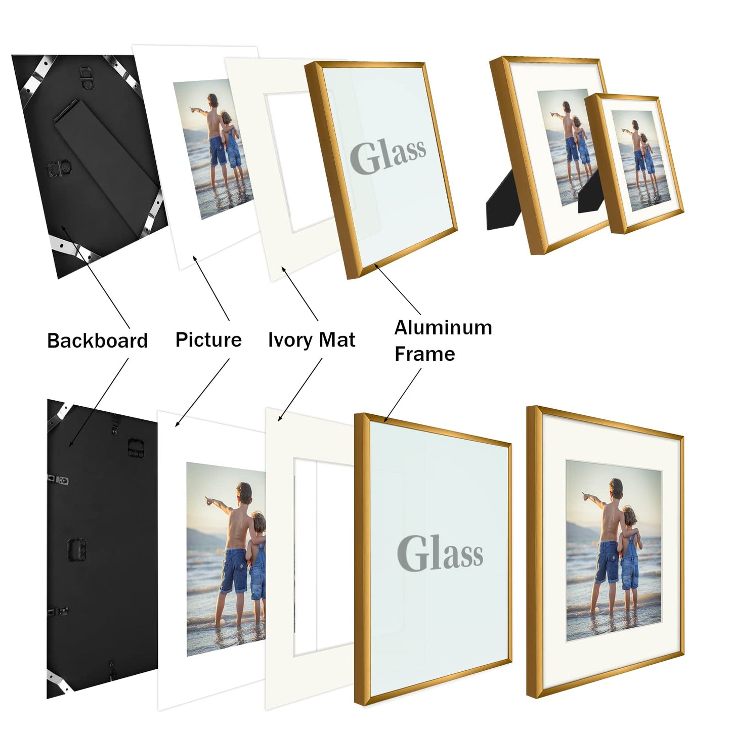 7 Pack Floating Frames for One 11x14, Two 8x10, and Four 5x7 Pictures. Aluminum Photos Frame for Wall Display