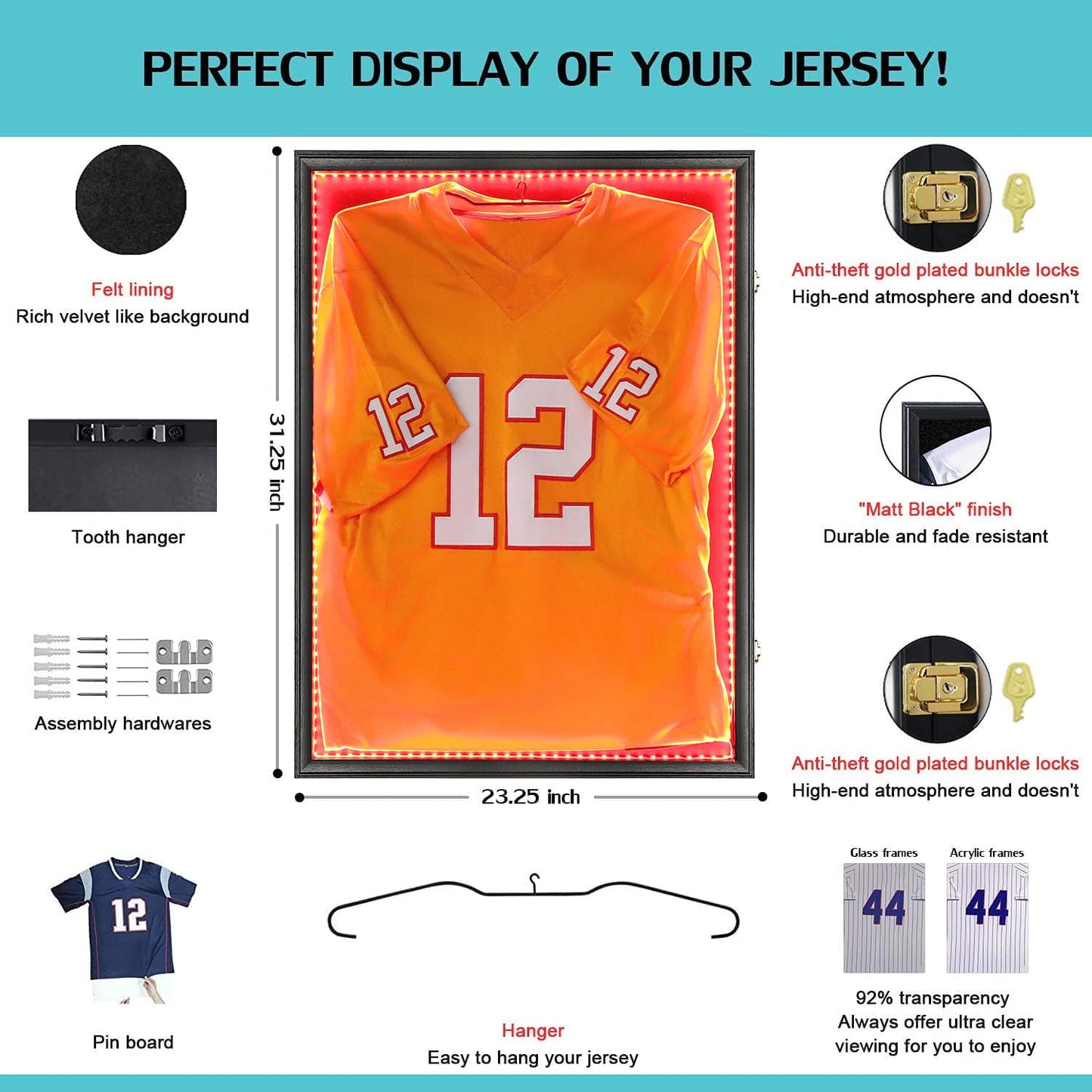 Jersey Display Frame Case - Large Lockable Frames Shadow Box with UV Protection for Baseball Basketball Football Soccer Hockey Sport Shirt Matte Finish