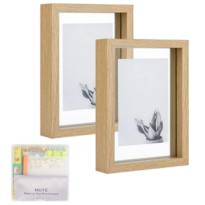 Floating Frame Set of 2, Double Glass Rustic Photo Frame for Wall Hanging or Tabletop, Display 4x6 or 3x5 Photo for Floating Effect