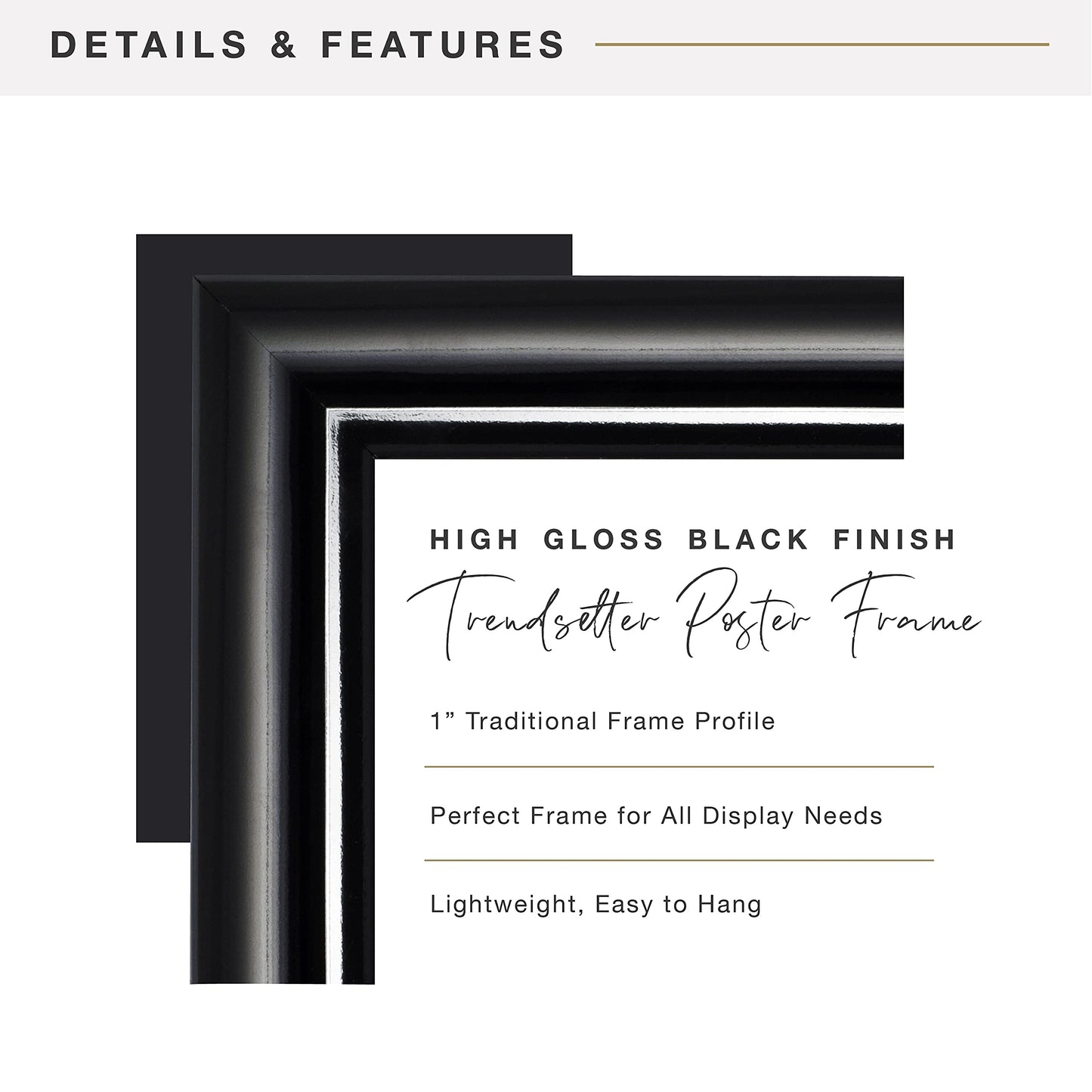 Trendsetter Poster Frame Black High-Gloss, Vertical & Horizontal Wall Hanging Large Picture Frame for Photos, Posters & Art Prints