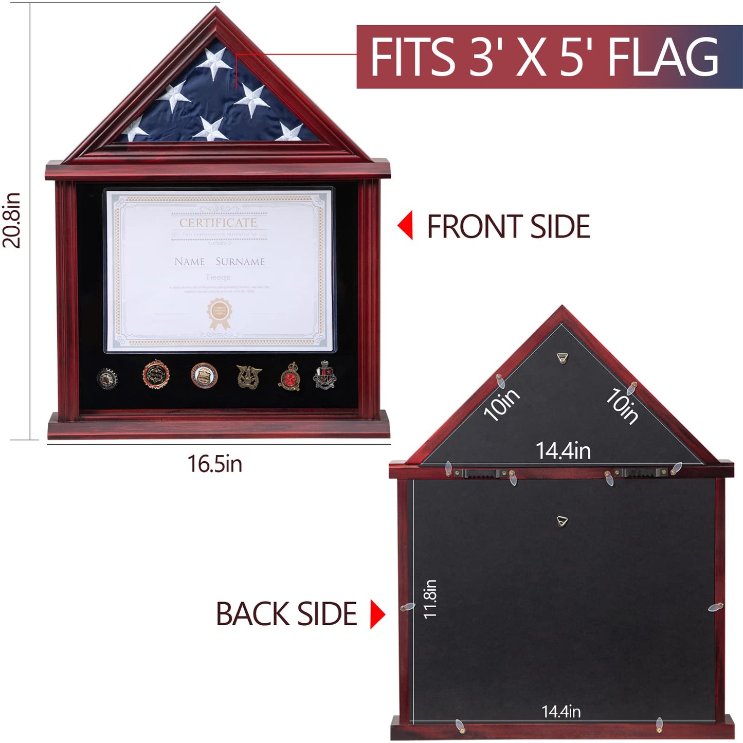 Large Military Shadow Box Solid Wood Burial Flag Display Case for American Veteran Display Fits a Folded 5'x9.5' Flag Mahogany Finish