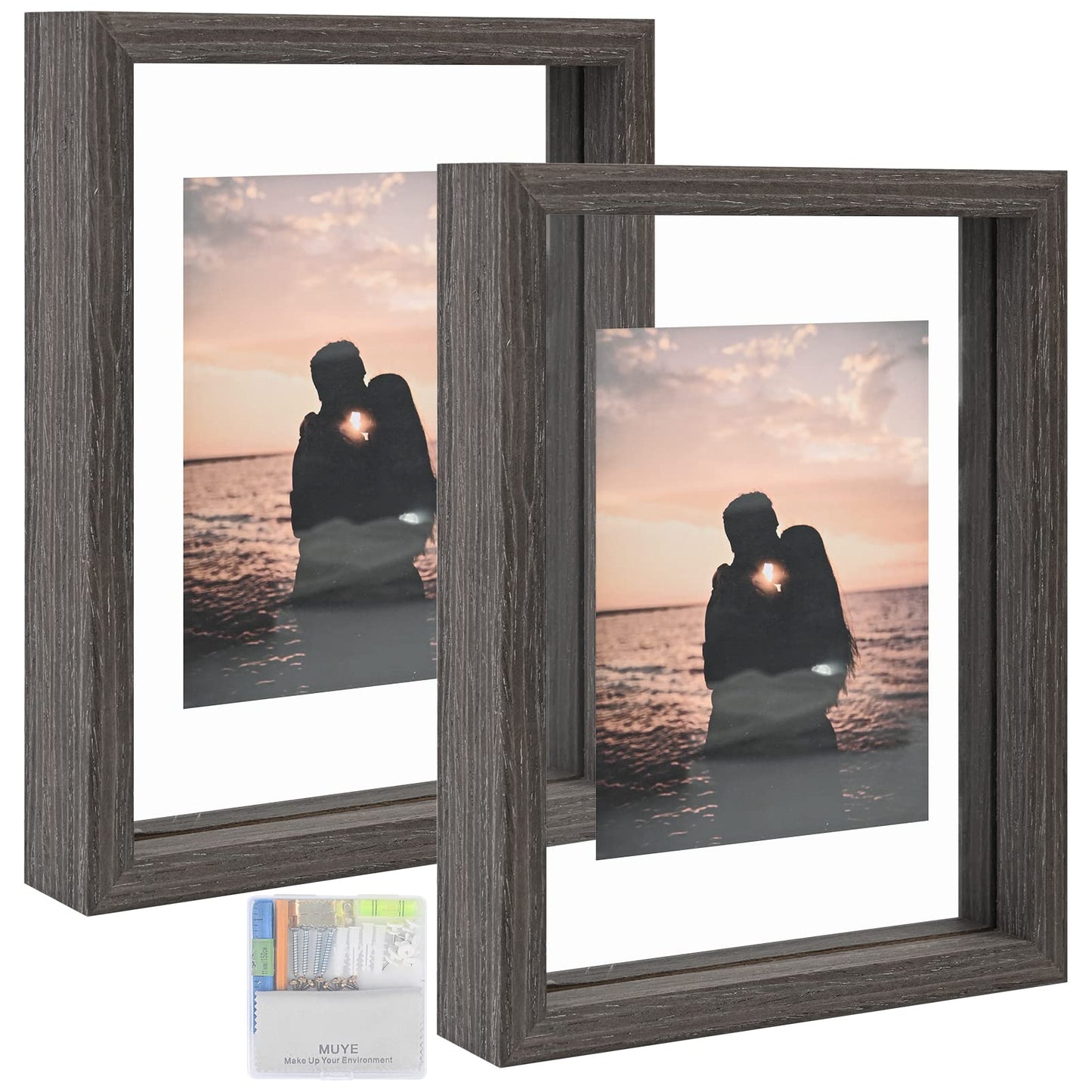 Floating Frame Set of 2, Double Glass Rustic Photo Frame for Wall Hanging or Tabletop, Display 4x6 or 3x5 Photo for Floating Effect