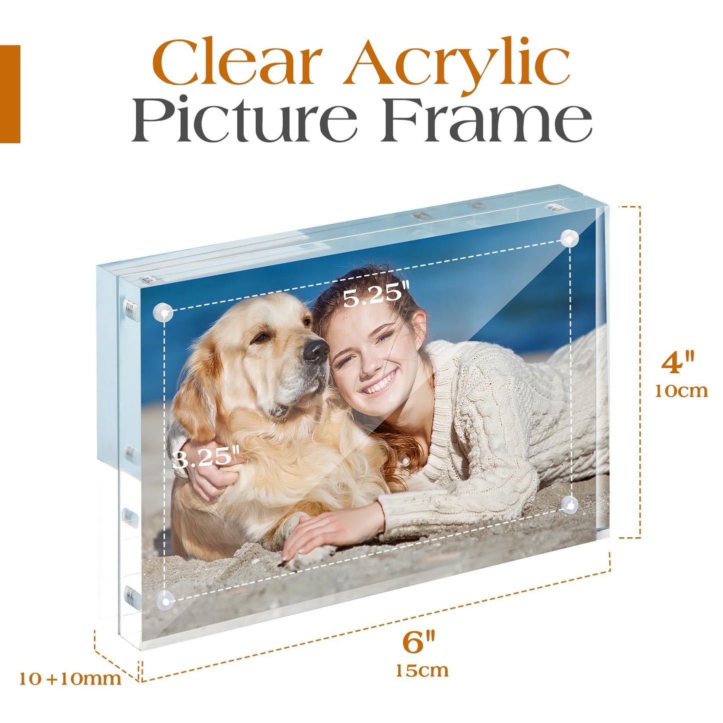 Acrylic Photo Frames Horizontal Magnet Double Sided Photo Frame with Microfiber Cloth, 12 + 12MM Thickness Clear Picture Frame Desktop Display