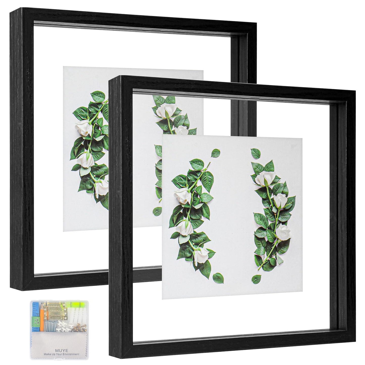 Floating Frame Set of 2, Double Glass Rustic Photo Frame for Wall Hanging or Tabletop, Display 4x6 or 3x5 Photo for Floating Effect