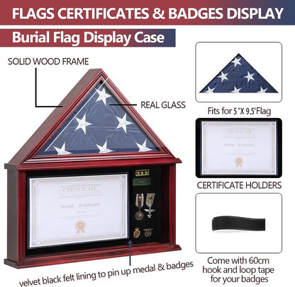 Large Military Shadow Box Solid Wood Burial Flag Display Case for American Veteran Display Fits a Folded 5'x9.5' Flag Mahogany Finish