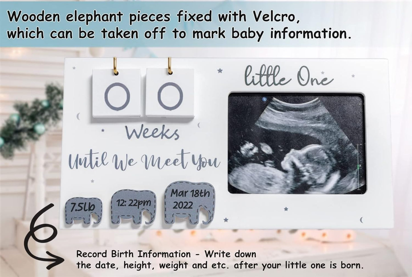 Sonogram Picture Frame, Ultrasound Photo Frame with Baby Countdown Weeks, Elephant Nursery Decor for Birth Information