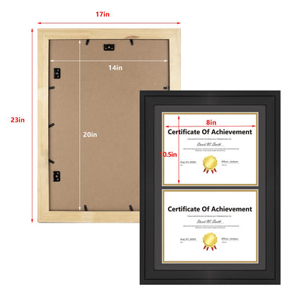 14x20 Double Diploma Frame, Black Frame to Display Double 8.5x11 Document, Solid Wood & Tempered Glass Protection