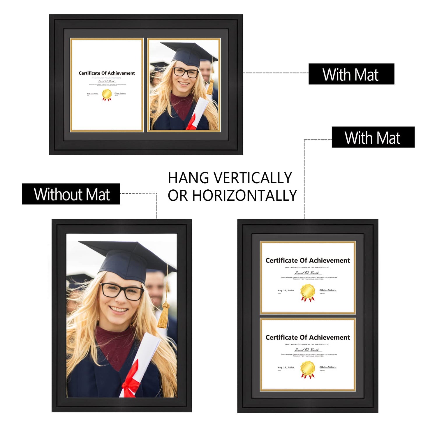 14x20 Double Diploma Frame, Black Frame to Display Double 8.5x11 Document, Solid Wood & Tempered Glass Protection