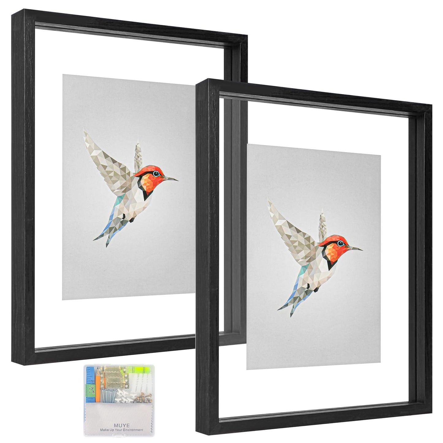 Floating Frame Set of 2, Double Glass Rustic Photo Frame for Wall Hanging or Tabletop, Display 4x6 or 3x5 Photo for Floating Effect