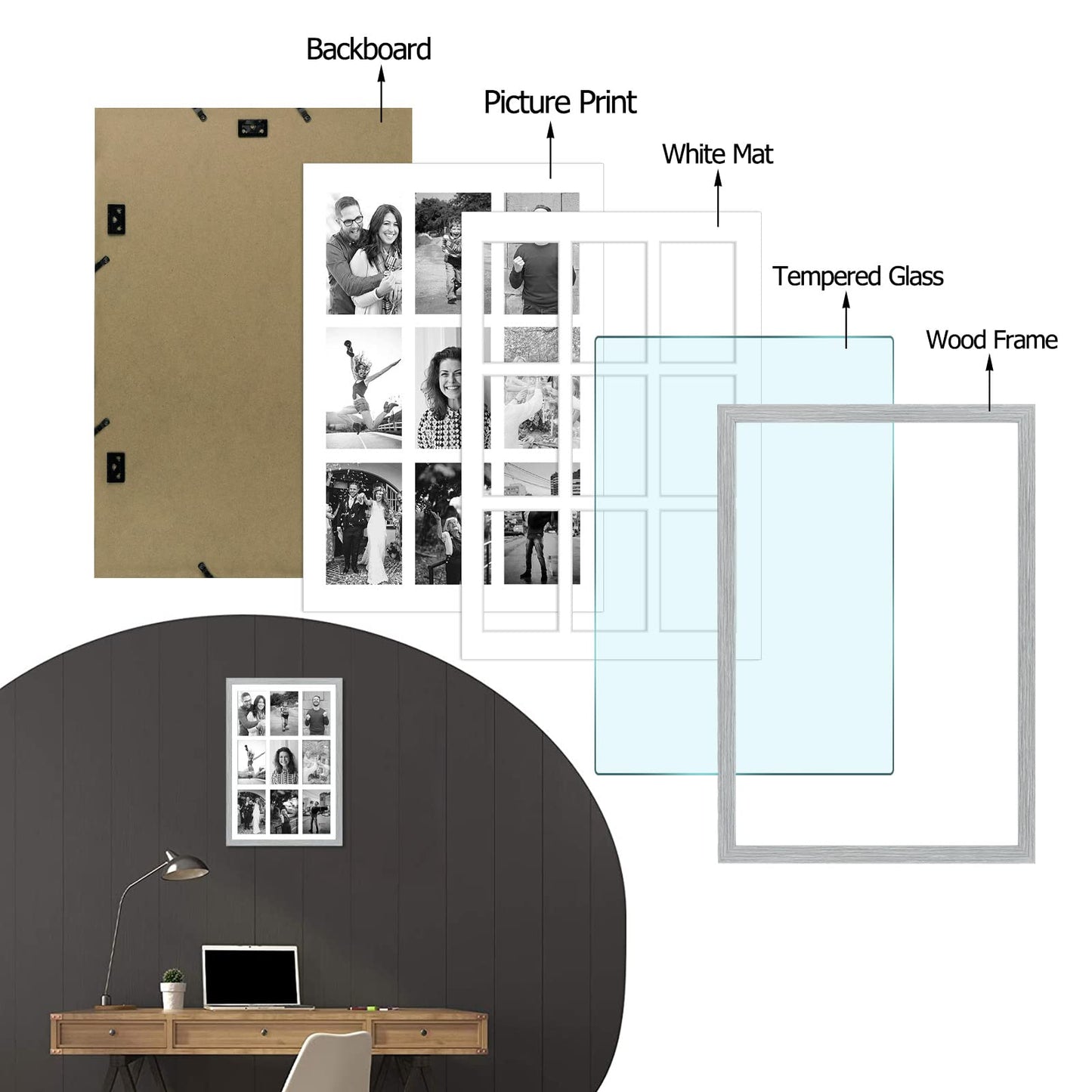 13.6x19.7 Wood Collage Frame with Real Glass and White Displays (9) 4x6 Pictures