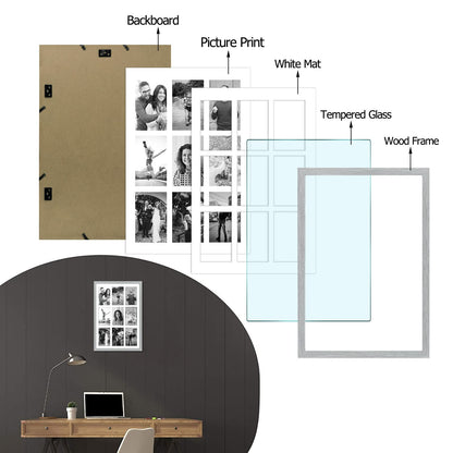 13.6x19.7 Wood Collage Frame with Real Glass and White Displays (9) 4x6 Pictures