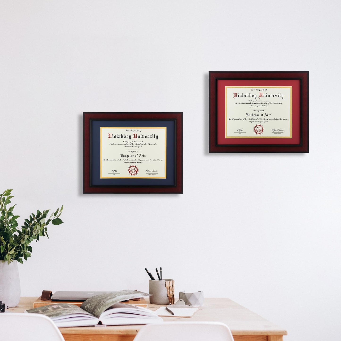 11x14 Diploma Frame with Double Mat for 8.5x11 Documents & Certificates, Smooth Cherry Wood Grain Finish, Wall Mounting & Tabletop Display, Tempered Glass