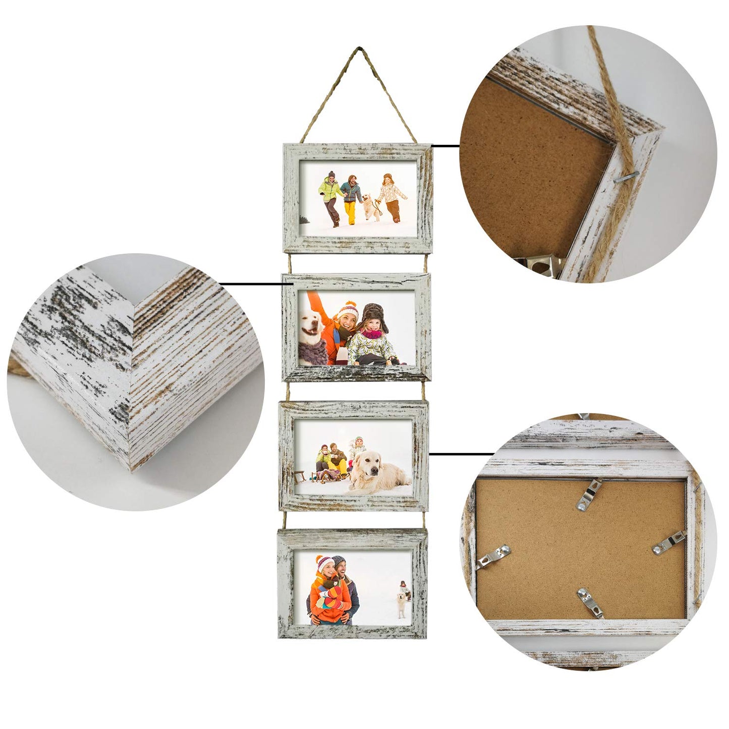 4x6 Wall Hanging Picture Frames Collage with 4 Opening Distressed White Frames