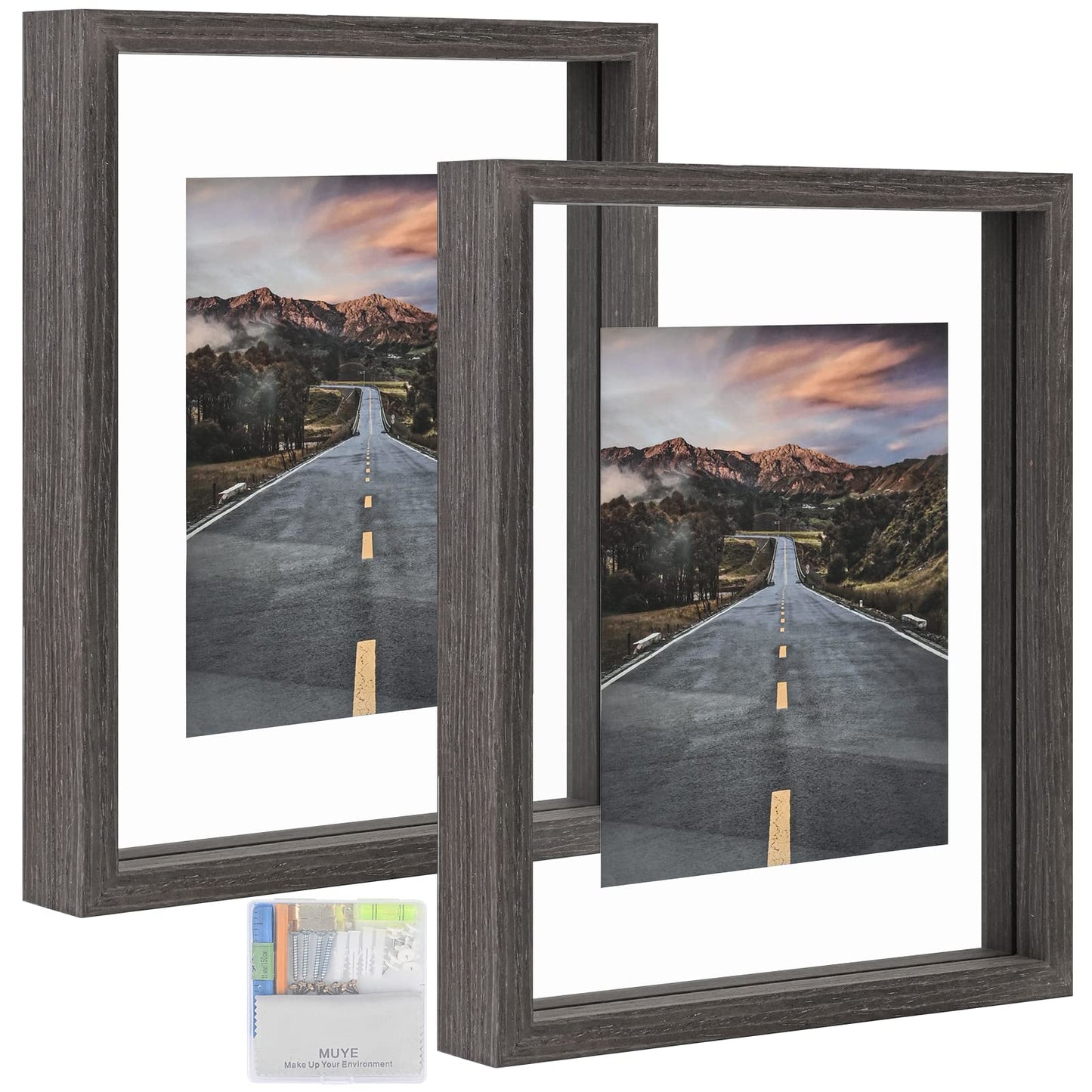 Floating Frame Set of 2, Double Glass Rustic Photo Frame for Wall Hanging or Tabletop, Display 4x6 or 3x5 Photo for Floating Effect