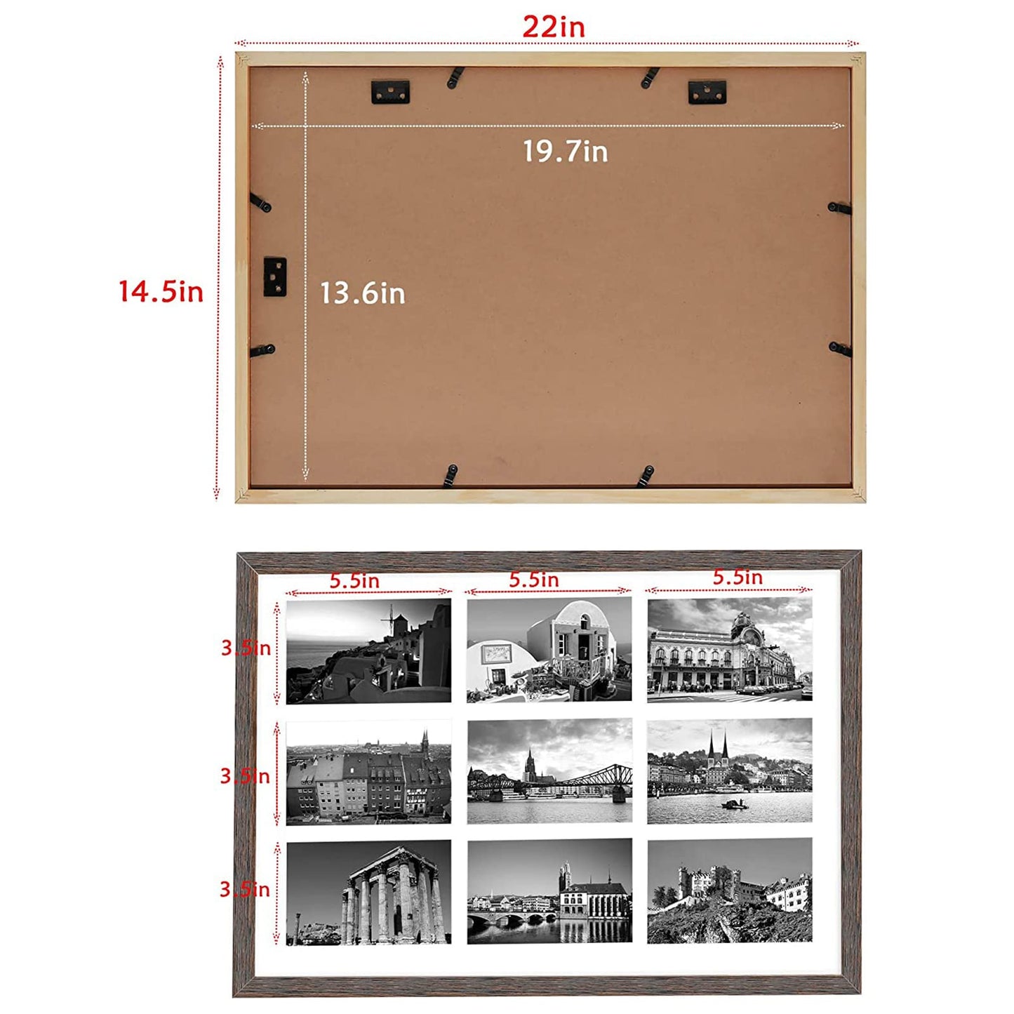 13.6x19.7 Wood Collage Frame with Real Glass and White Displays (9) 4x6 Pictures