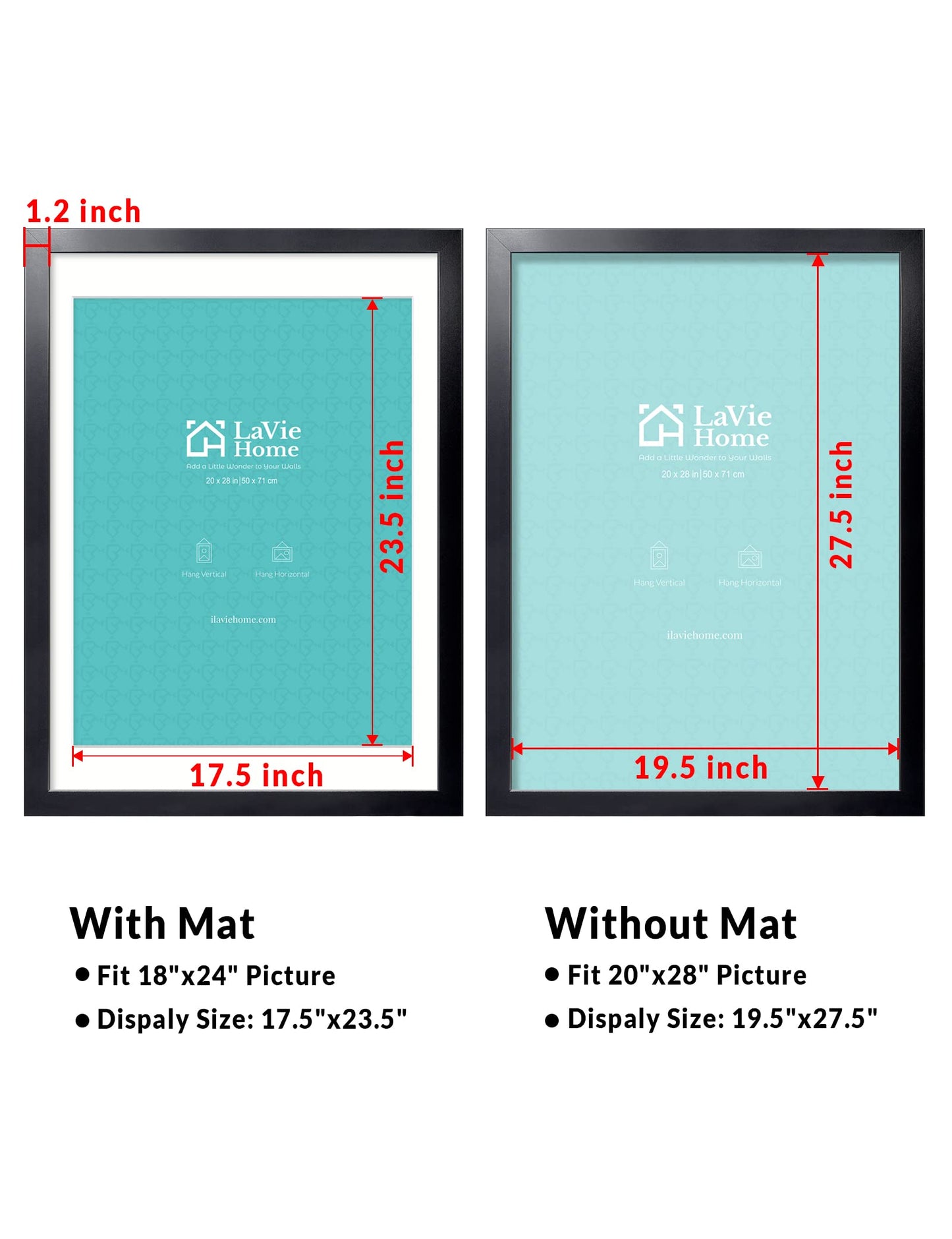 All Sizes Picture Frame, With or Without Mat, Stable and Sturdy Frame and Polished Plexiglass, Horizontal and Vertical Hanging