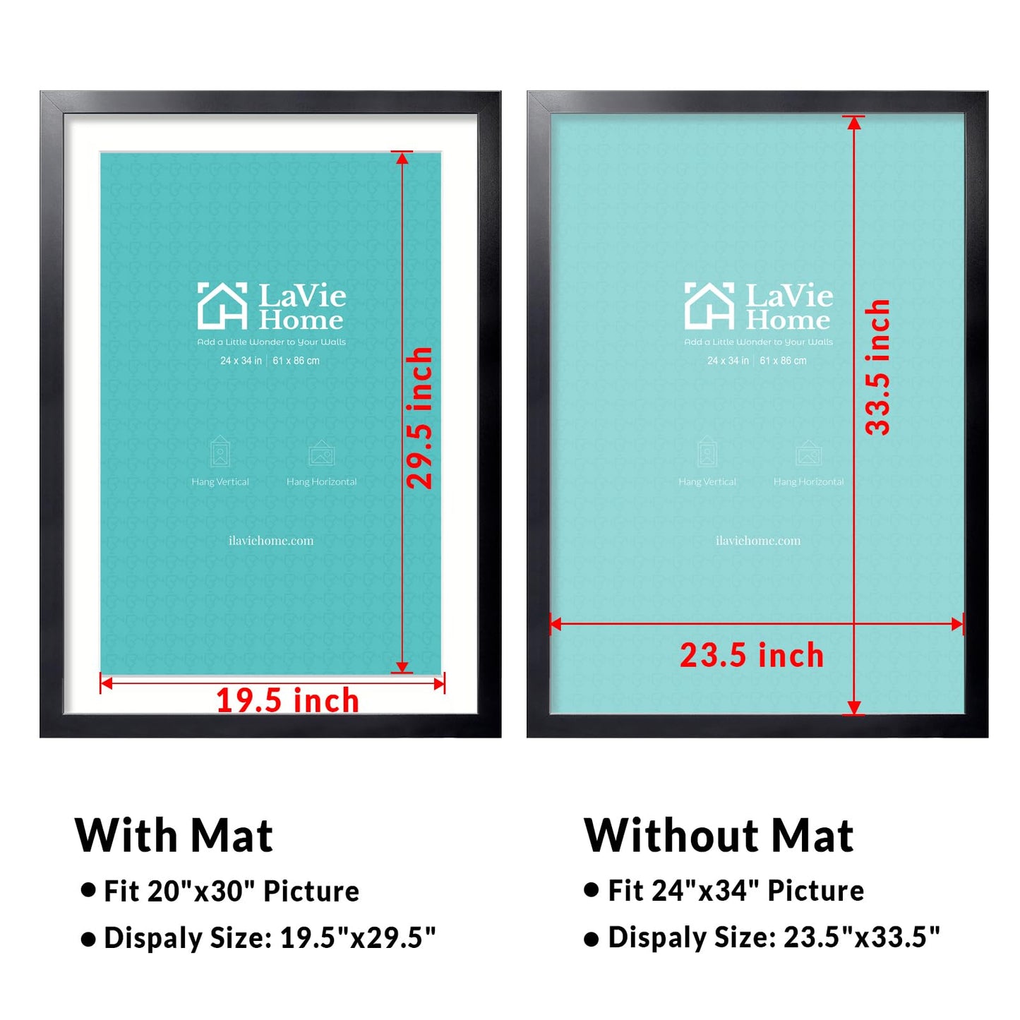 All Sizes Picture Frame, With or Without Mat, Stable and Sturdy Frame and Polished Plexiglass, Horizontal and Vertical Hanging