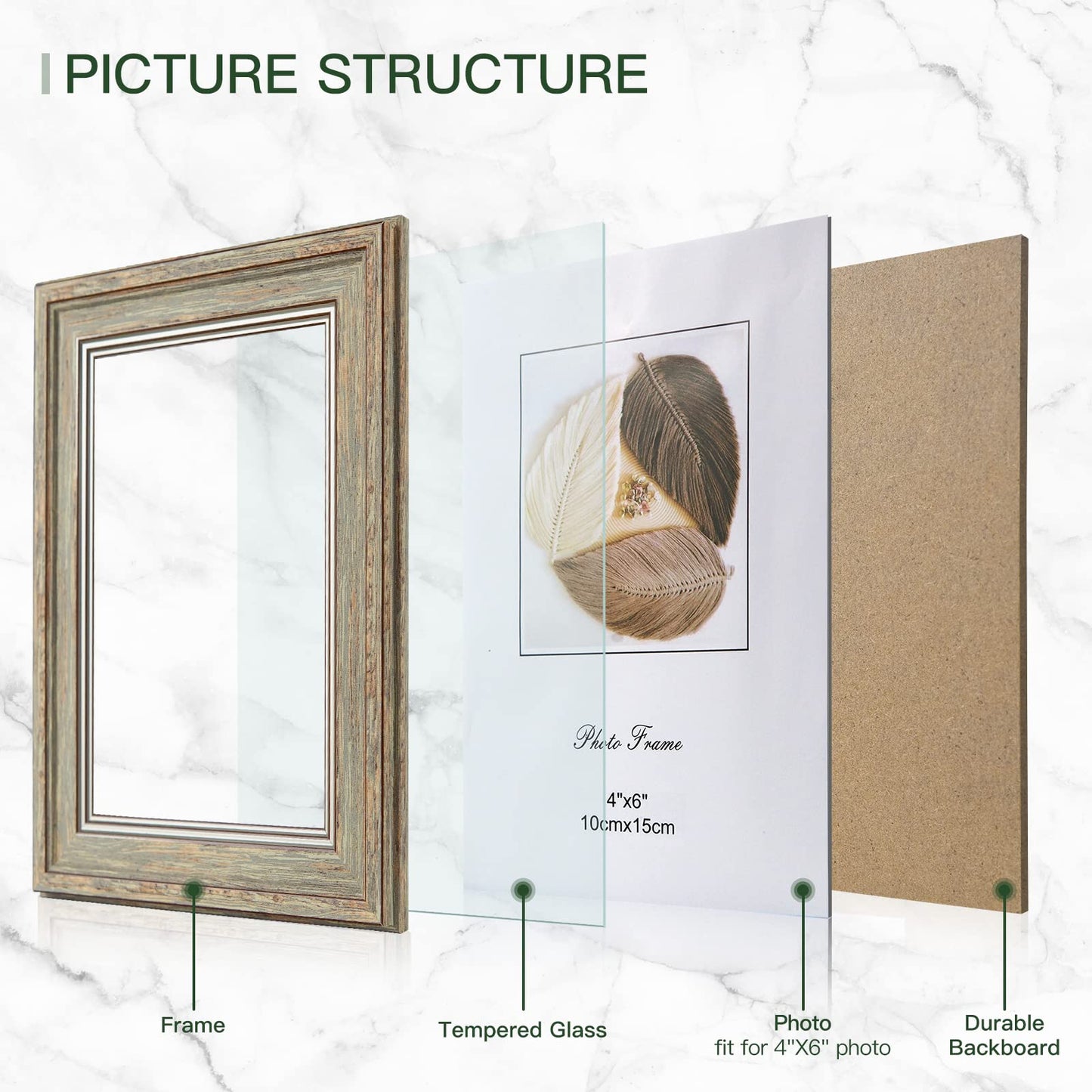 3 Pack Picture Frames Farmhouse Rustic Vintage Distressed Wood Grain Photo Frame with Tempered Glass for Table Top Display and Wall Hanging