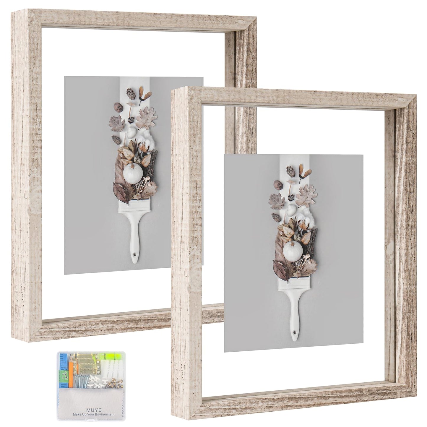 Floating Frame Set of 2, Double Glass Rustic Photo Frame for Wall Hanging or Tabletop, Display 4x6 or 3x5 Photo for Floating Effect