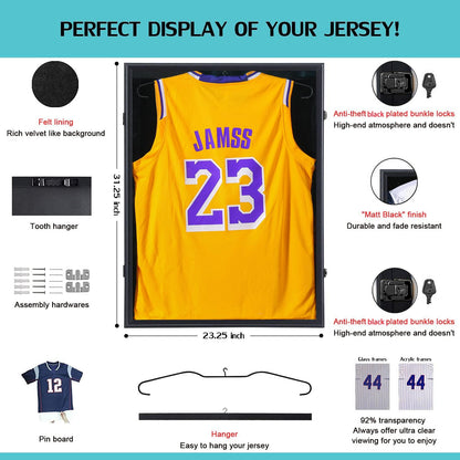 Jersey Display Frame Case - Large Lockable Frames Shadow Box with UV Protection for Baseball Basketball Football Soccer Hockey Sport Shirt Matte Finish