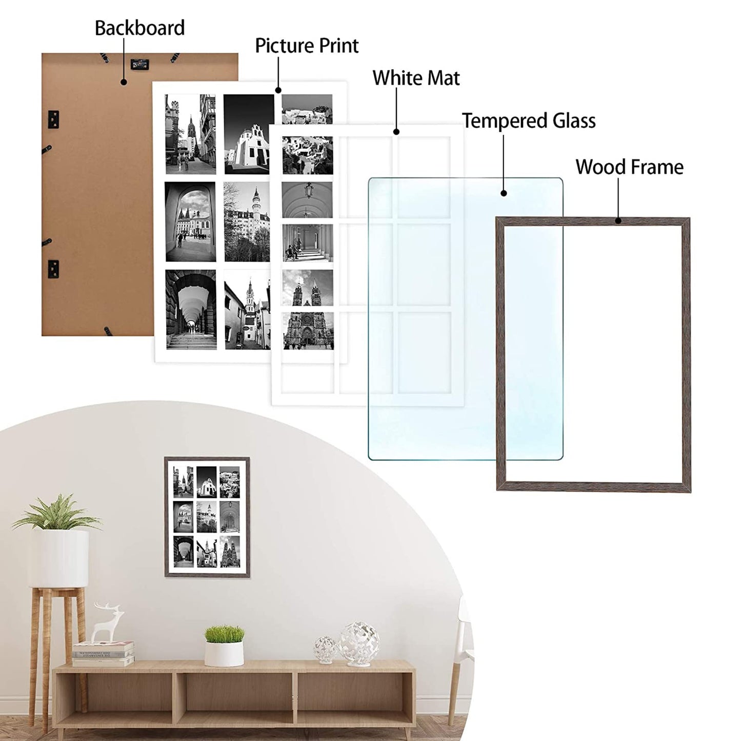 13.6x19.7 Wood Collage Frame with Real Glass and White Displays (9) 4x6 Pictures