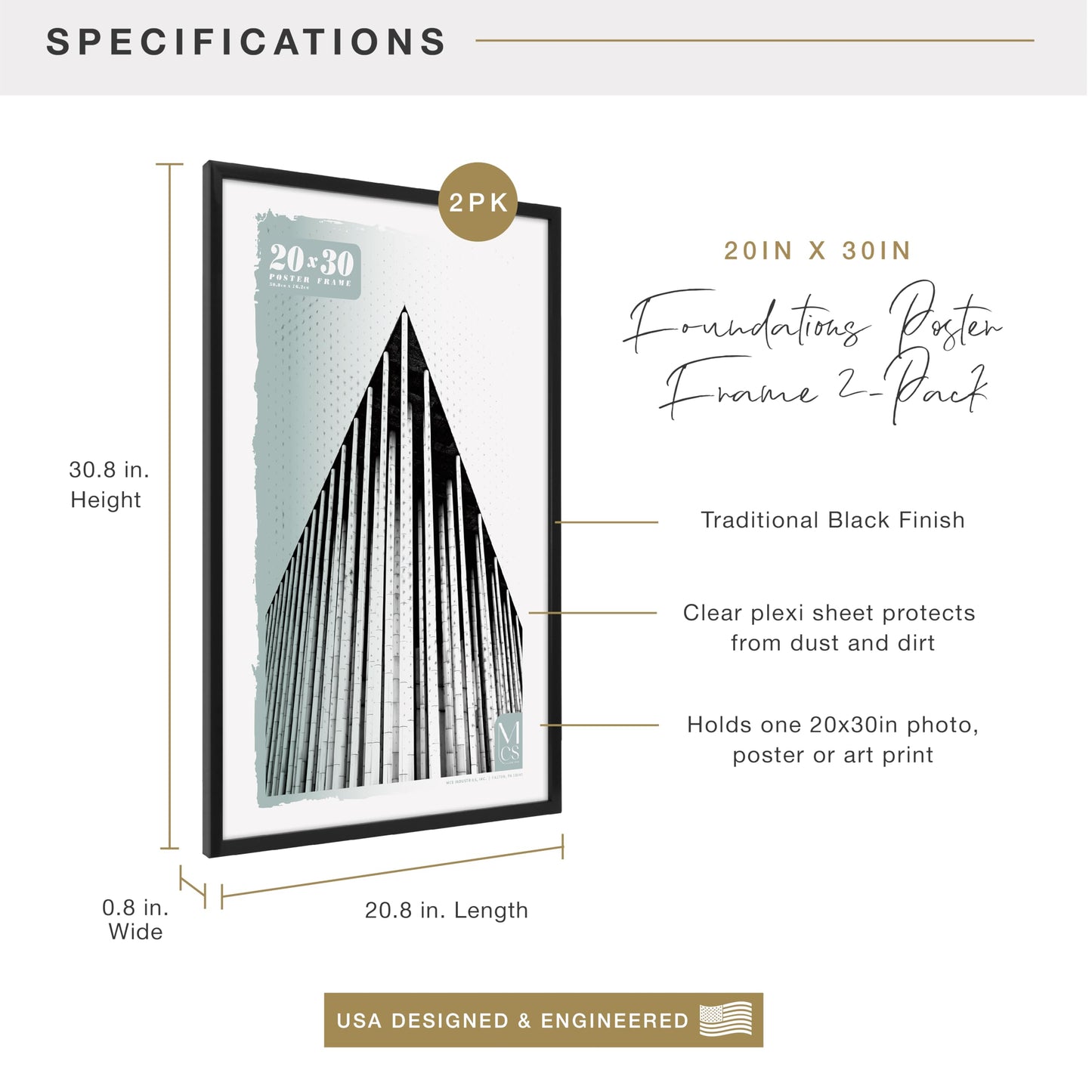 Foundation Poster Frame Traditional Brass, Vertical & Horizontal Wall Hanging Large Picture Frame for Photos, Posters & Art Prints