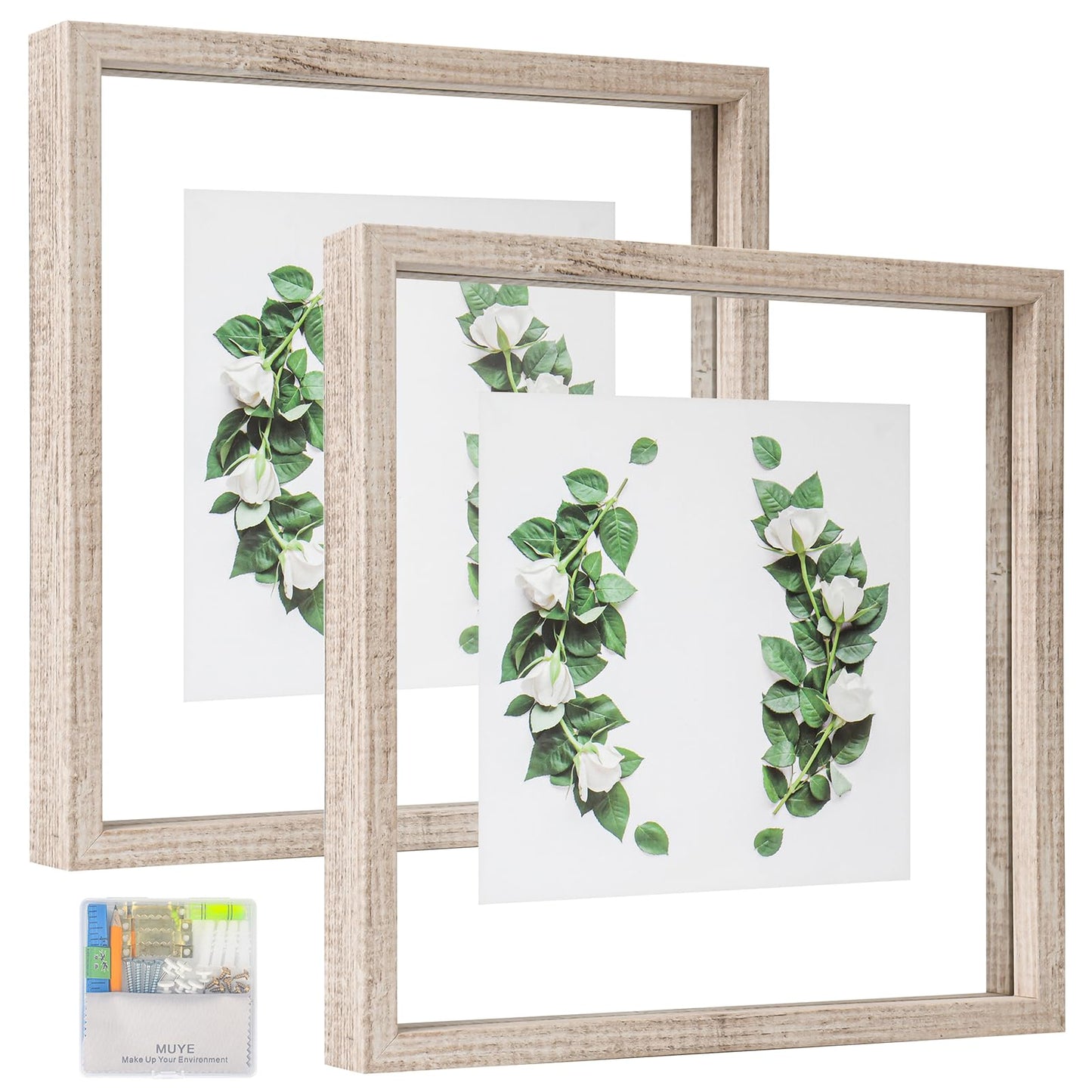 Floating Frame Set of 2, Double Glass Rustic Photo Frame for Wall Hanging or Tabletop, Display 4x6 or 3x5 Photo for Floating Effect