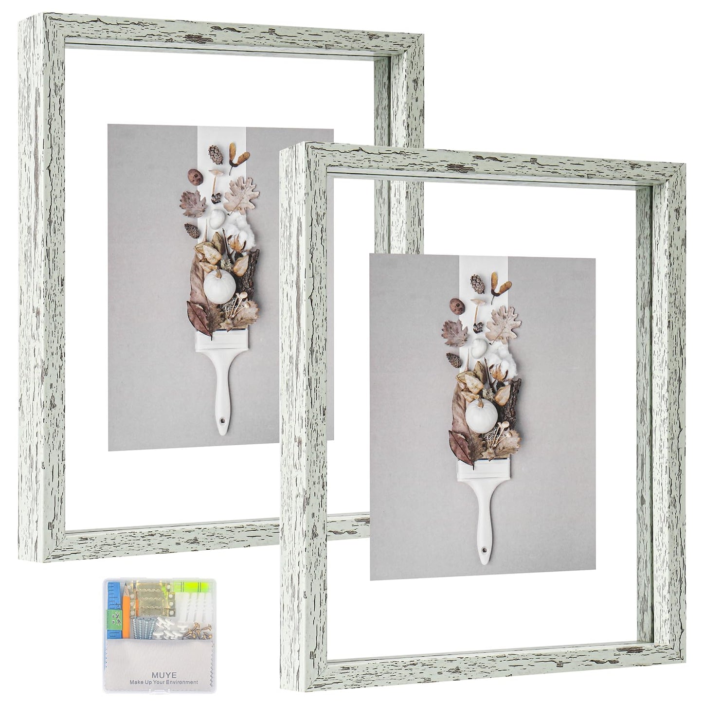 Floating Frame Set of 2, Double Glass Rustic Photo Frame for Wall Hanging or Tabletop, Display 4x6 or 3x5 Photo for Floating Effect