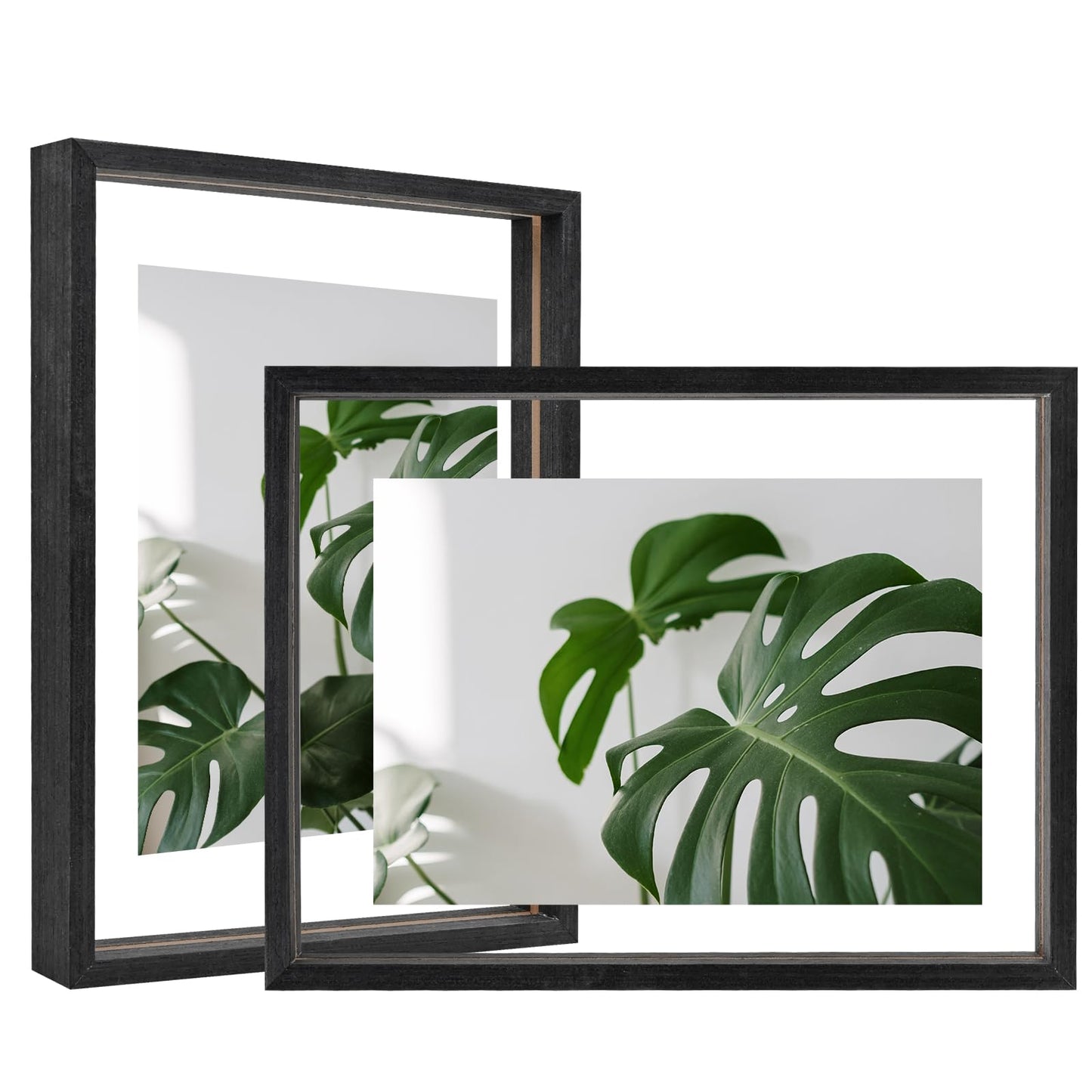 Floating Frames Set of 2, Double Glass Picture Frame, Made of Solid Wood Display Any Size Photo up to 11x14, Wall Mount or Tabletop Standing