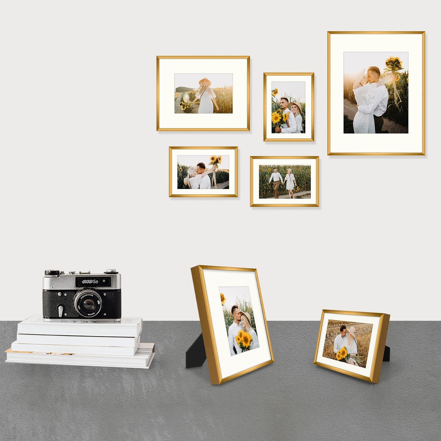 7 Pack Floating Frames for One 11x14, Two 8x10, and Four 5x7 Pictures. Aluminum Photos Frame for Wall Display