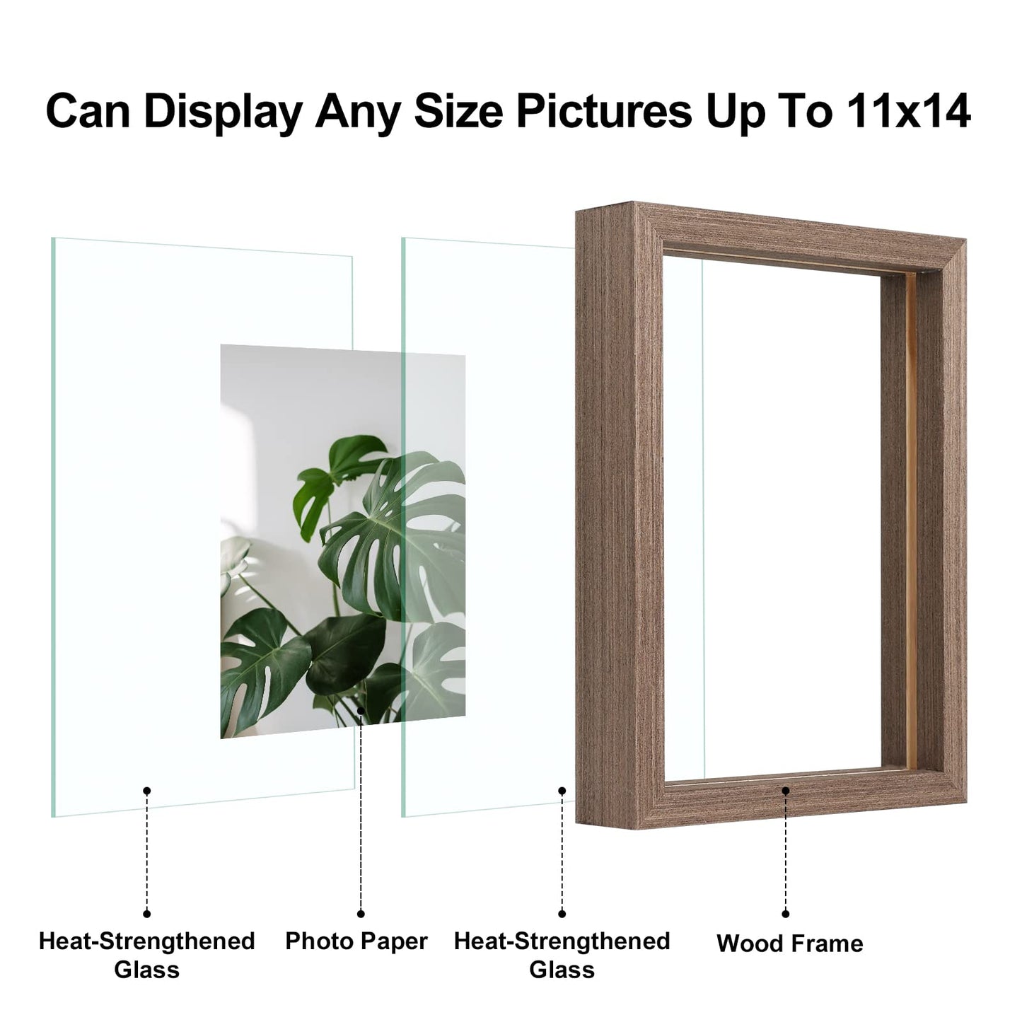 Floating Frames Set of 2, Double Glass Picture Frame, Made of Solid Wood Display Any Size Photo up to 11x14, Wall Mount or Tabletop Standing