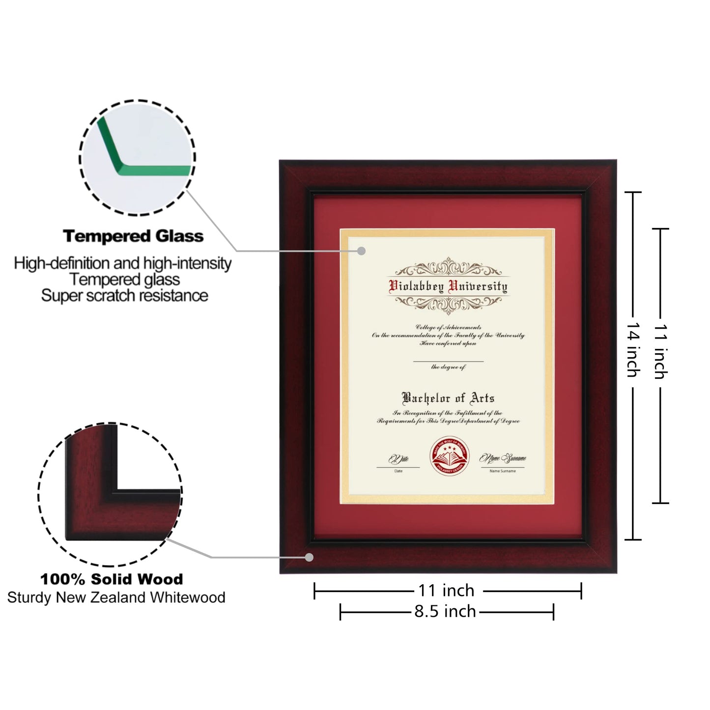 11x14 Diploma Frame with Double Mat for 8.5x11 Documents & Certificates, Smooth Cherry Wood Grain Finish, Wall Mounting & Tabletop Display, Tempered Glass