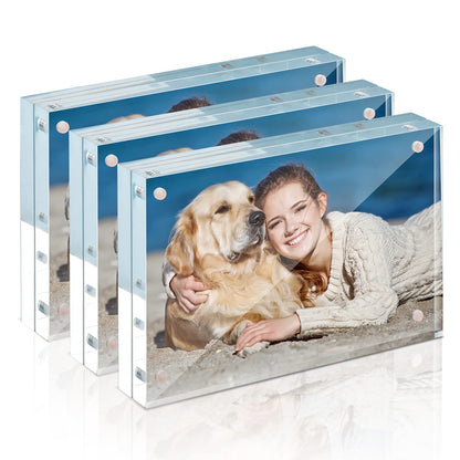 Acrylic Photo Frames Horizontal Magnet Double Sided Photo Frame with Microfiber Cloth, 12 + 12MM Thickness Clear Picture Frame Desktop Display